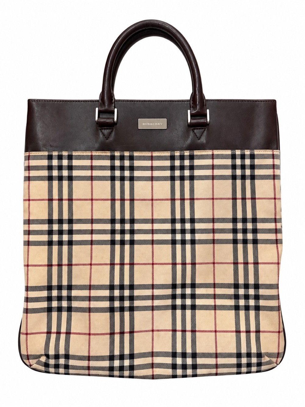 Burberry Beige Vintage Check Leather-Trim Briefcase Tote